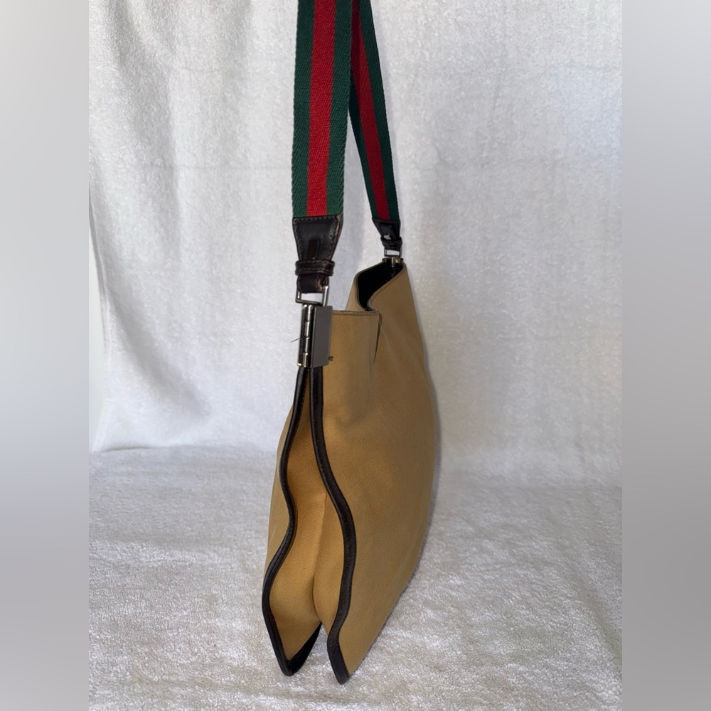 Gucci Vintage khaki brown canvas and leather trim web detail hobo. - Picture 4 of 15
